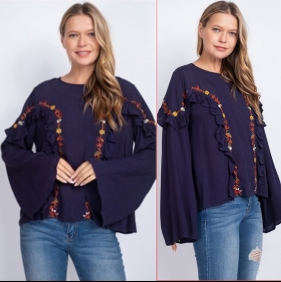 SOLD OUT 27193 Embroidered Flare Sleeve Top - Picture 2 of 3